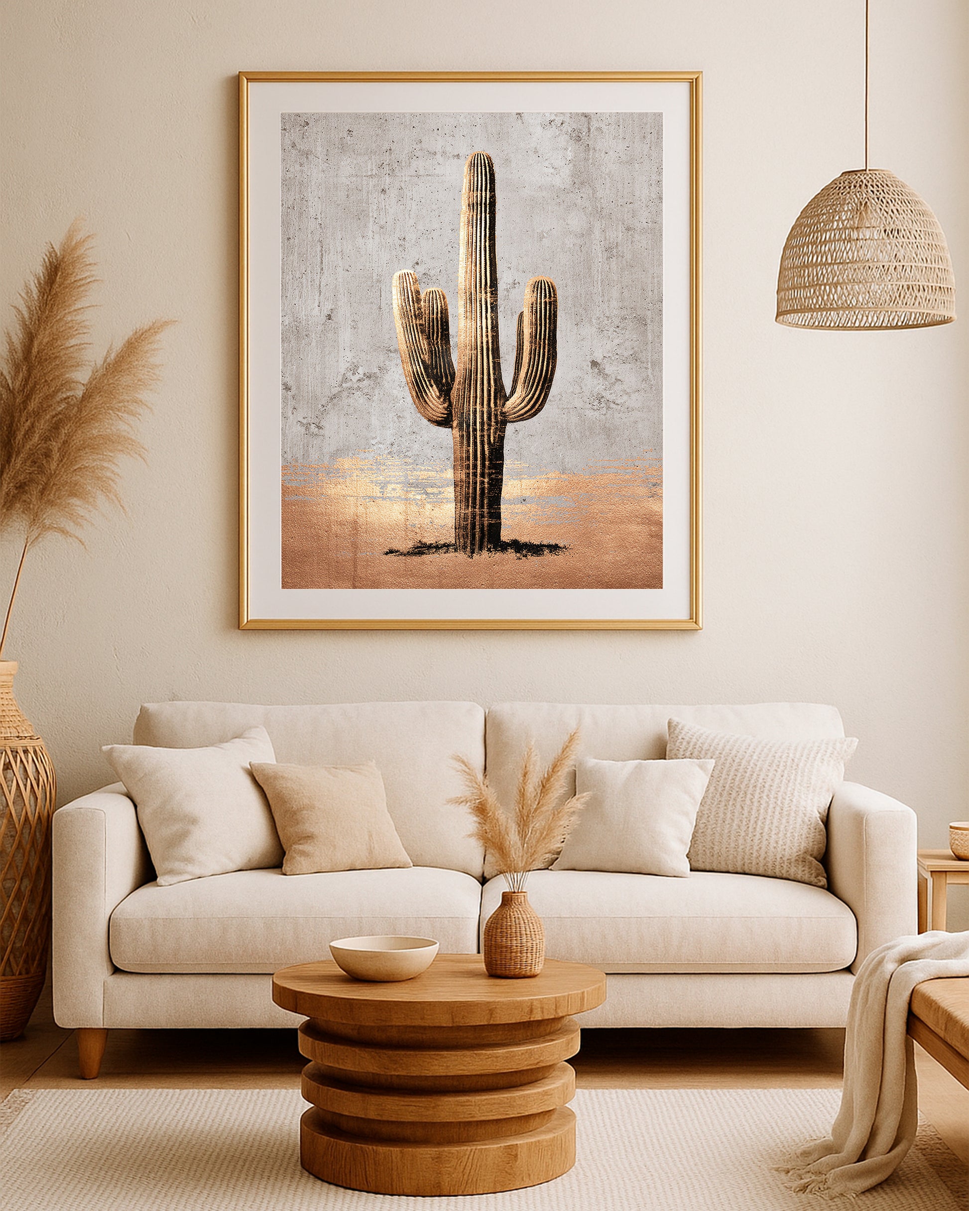 Modern botanical wall art showing a tall cactus on a neutral textured background with gold desert details.