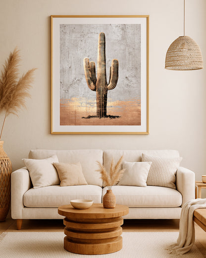 Modern botanical wall art showing a tall cactus on a neutral textured background with gold desert details.
