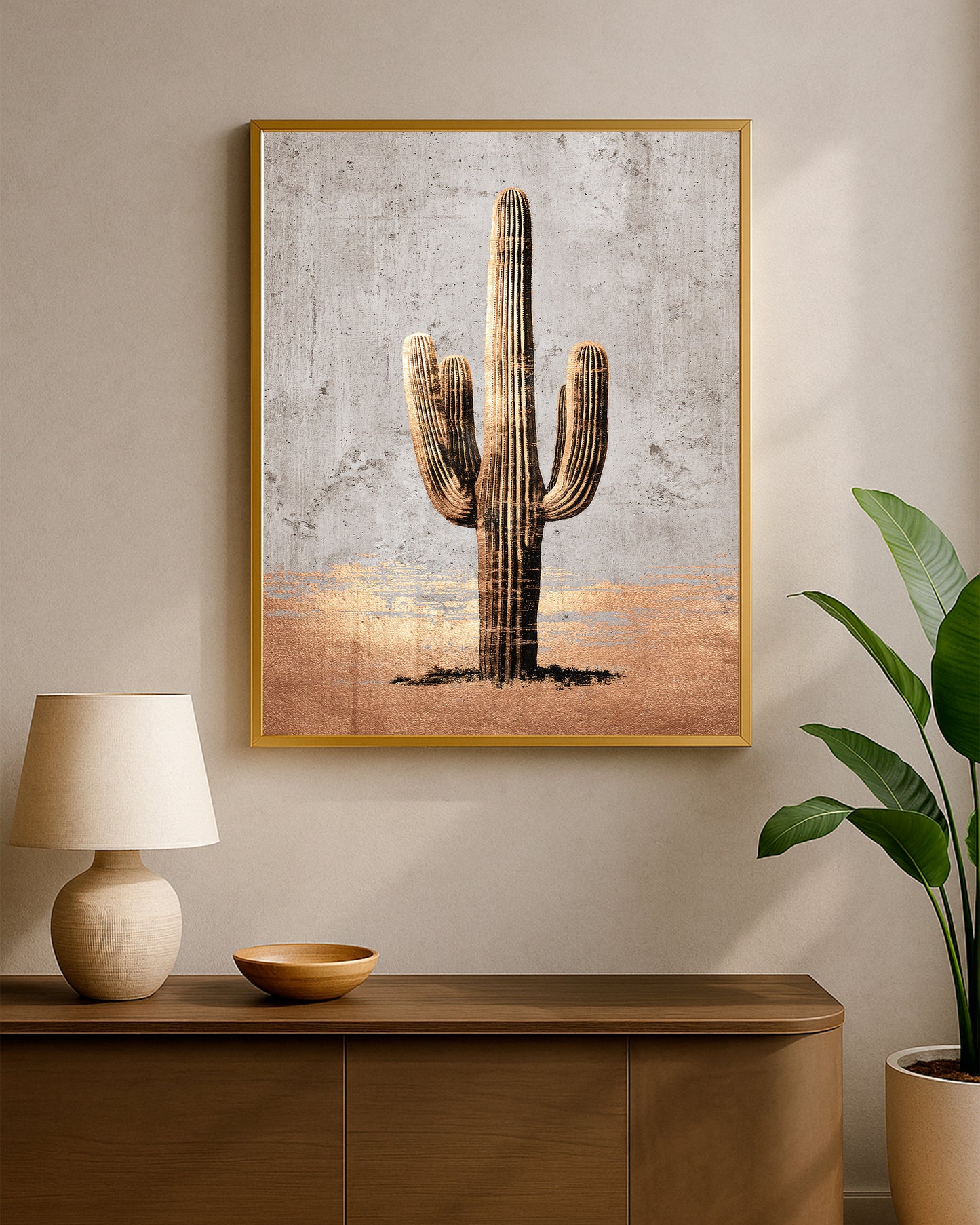 Warm desert wall art with saguaro cactus, rough plaster texture, and earthy gold-black contrast.