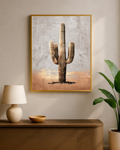 Warm desert wall art with saguaro cactus, rough plaster texture, and earthy gold-black contrast.