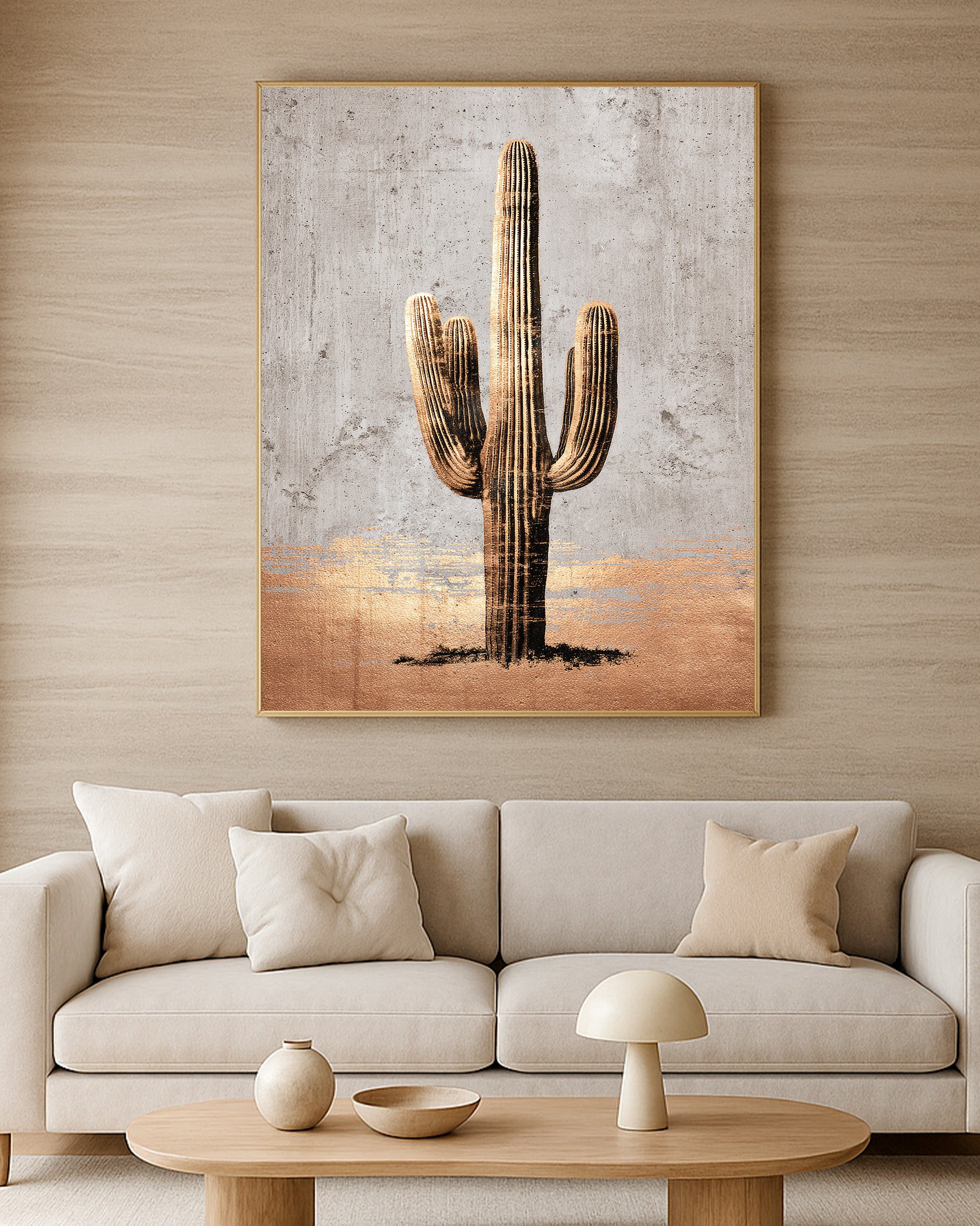 Minimal saguaro cactus artwork with strong vertical shape, beige background, and warm metallic gold texture.