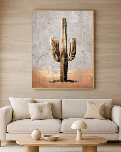 Minimal saguaro cactus artwork with strong vertical shape, beige background, and warm metallic gold texture.