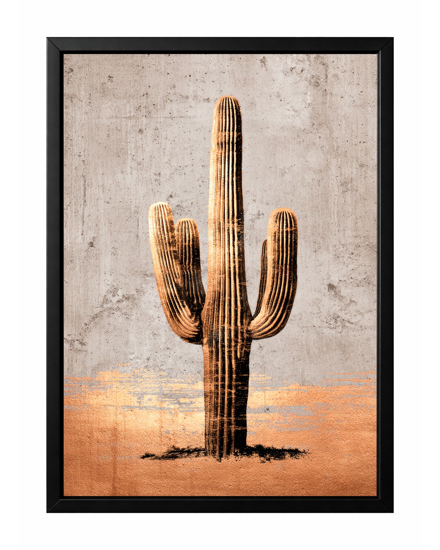 Gold saguaro cactus wall art with tall desert form, black shadows, beige texture, and warm metallic accents.