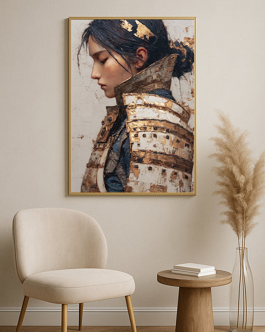 Textured samurai woman portrait featuring a calm profile, high collar, black hair, and metallic gold details.