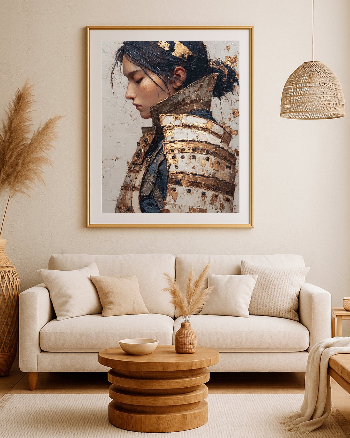 Elegant warrior portrait print with layered cream and gold armor, dark hair, and neutral plaster texture.