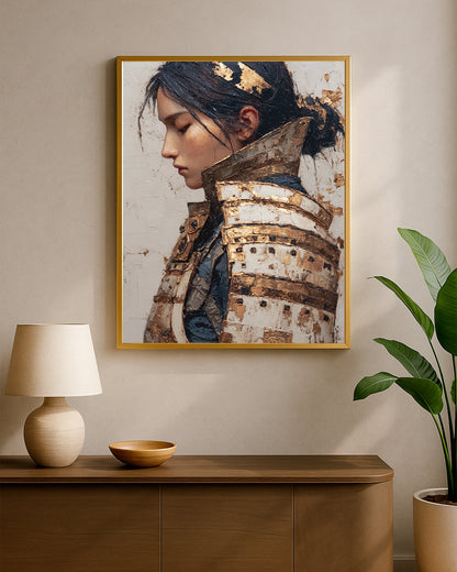 Japanese-inspired female portrait wall art with gold armor, soft side profile, and refined black accents.