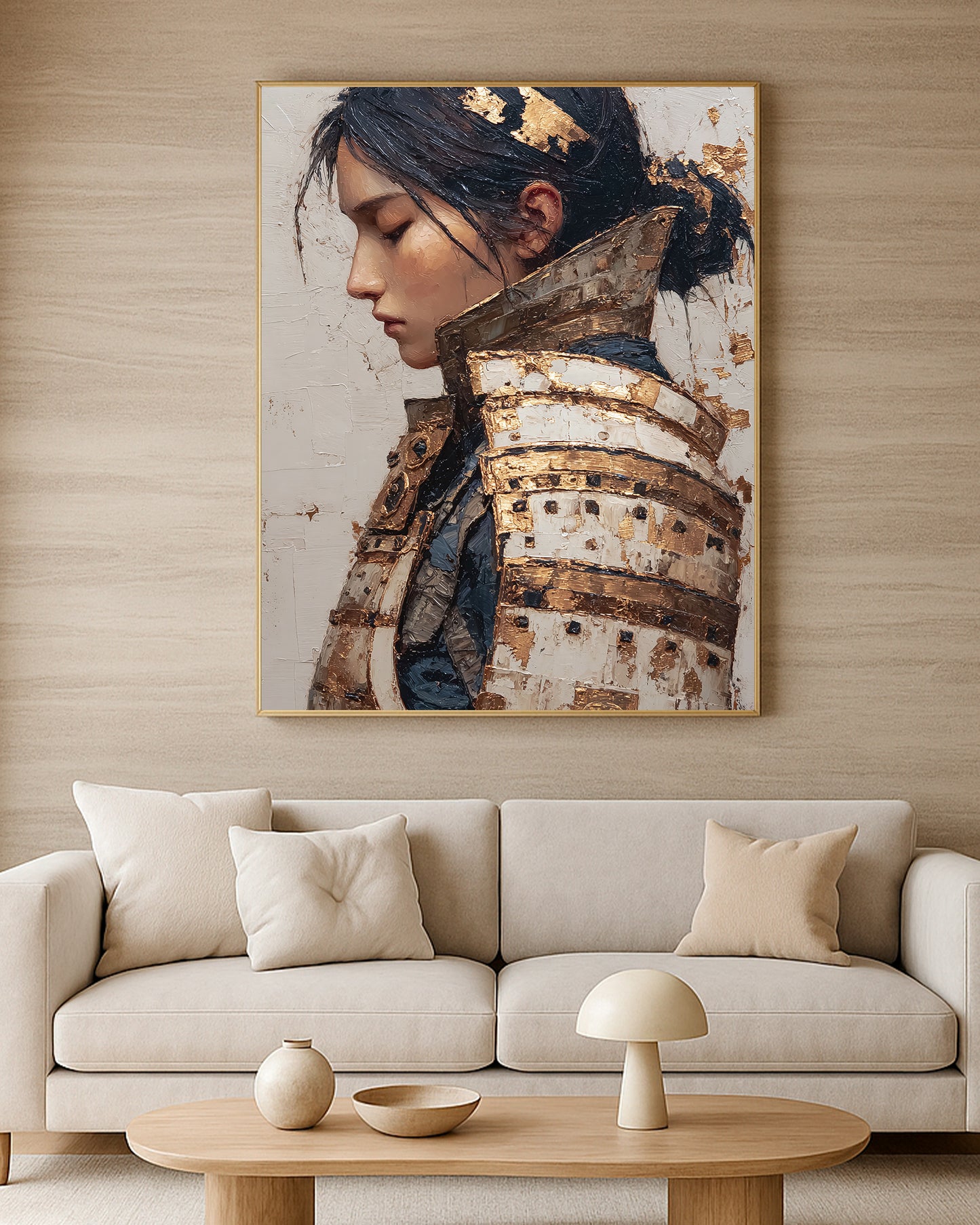 Fine art samurai-style woman artwork with structured armor, warm gold highlights, and textured neutral background.