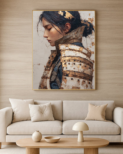 Fine art samurai-style woman artwork with structured armor, warm gold highlights, and textured neutral background.