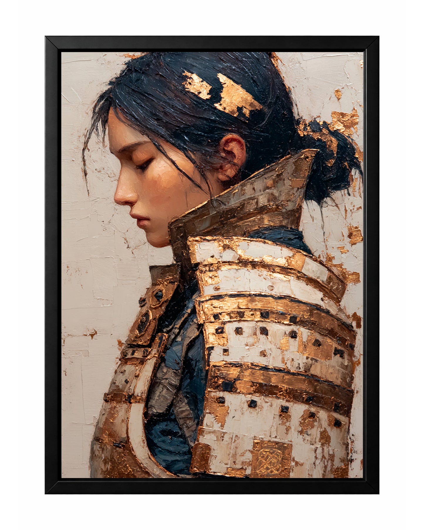 Side profile Japanese-inspired warrior woman wall art with dark hair, gold armor, and cream textured background.