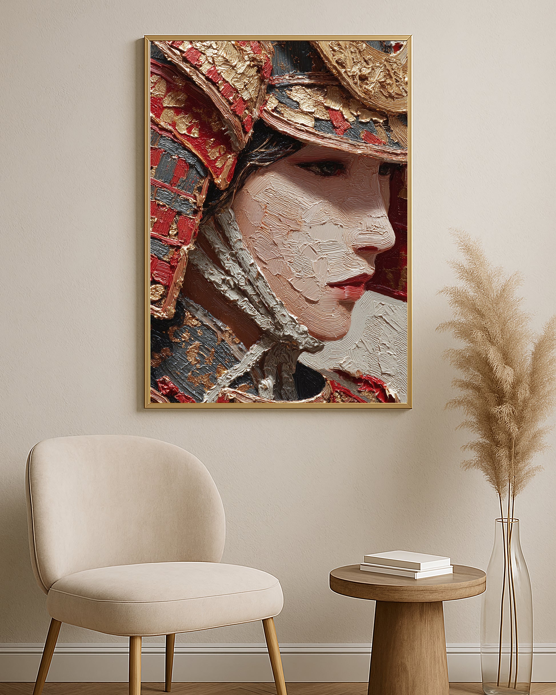 Textured female warrior artwork featuring ornate samurai armor, metallic gold details, and side profile composition.
