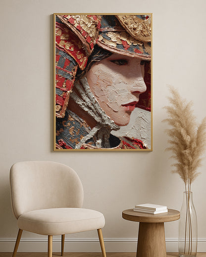 Textured female warrior artwork featuring ornate samurai armor, metallic gold details, and side profile composition.
