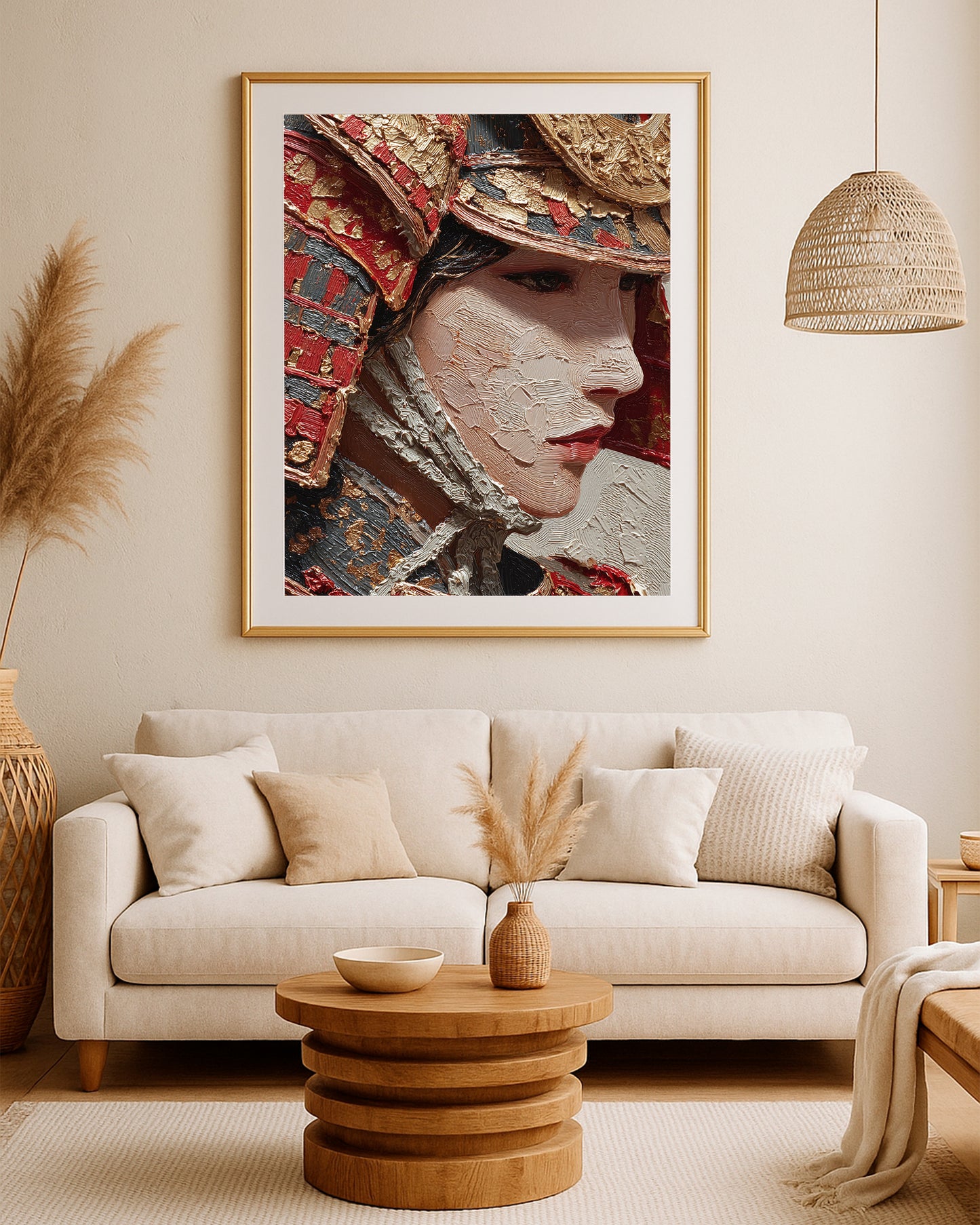 Dramatic samurai woman portrait print with red armor panels, gold accents, black hair, and raised painterly texture.