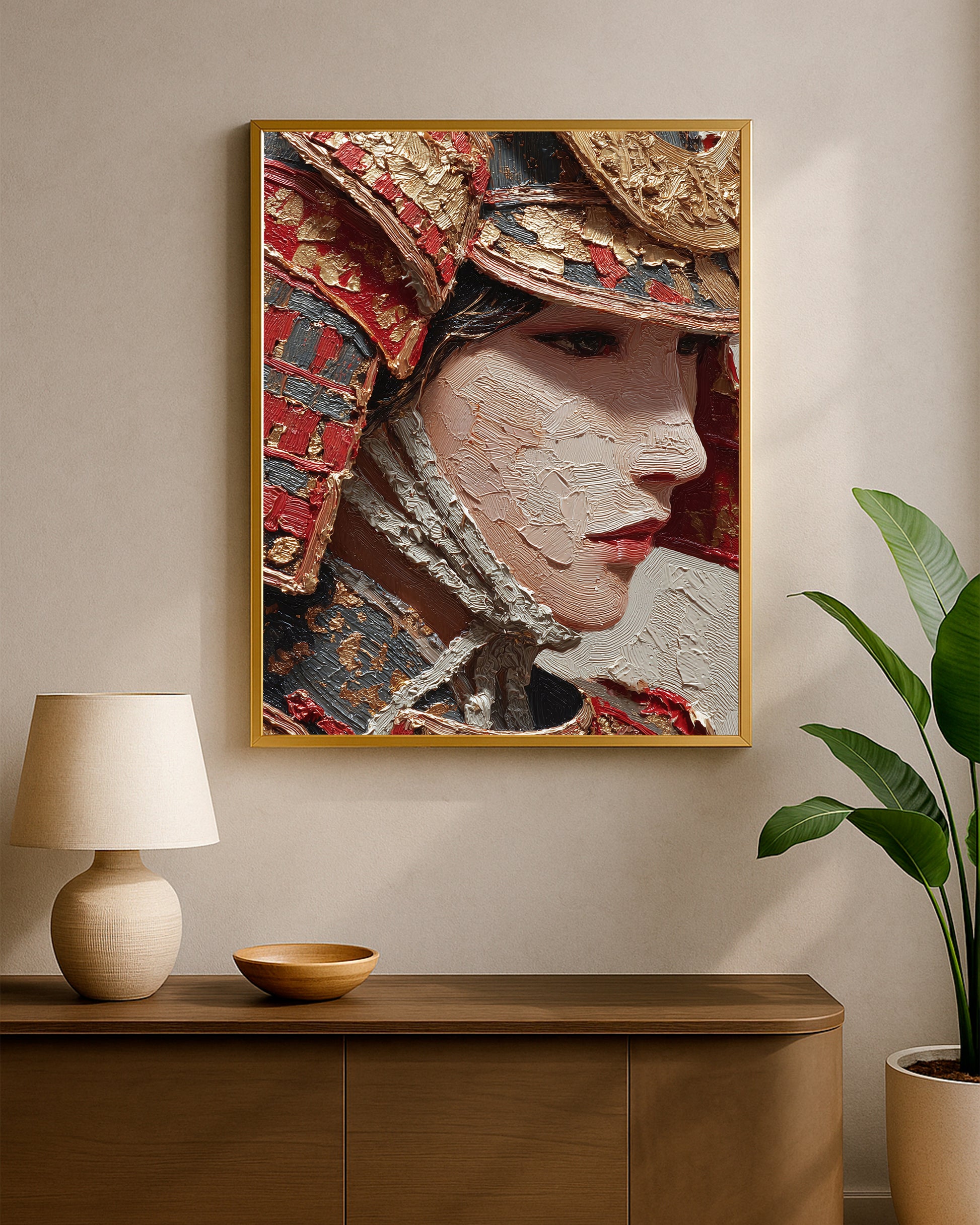 Japanese warrior wall art showing a close female profile with detailed armor and cream plaster-style background.