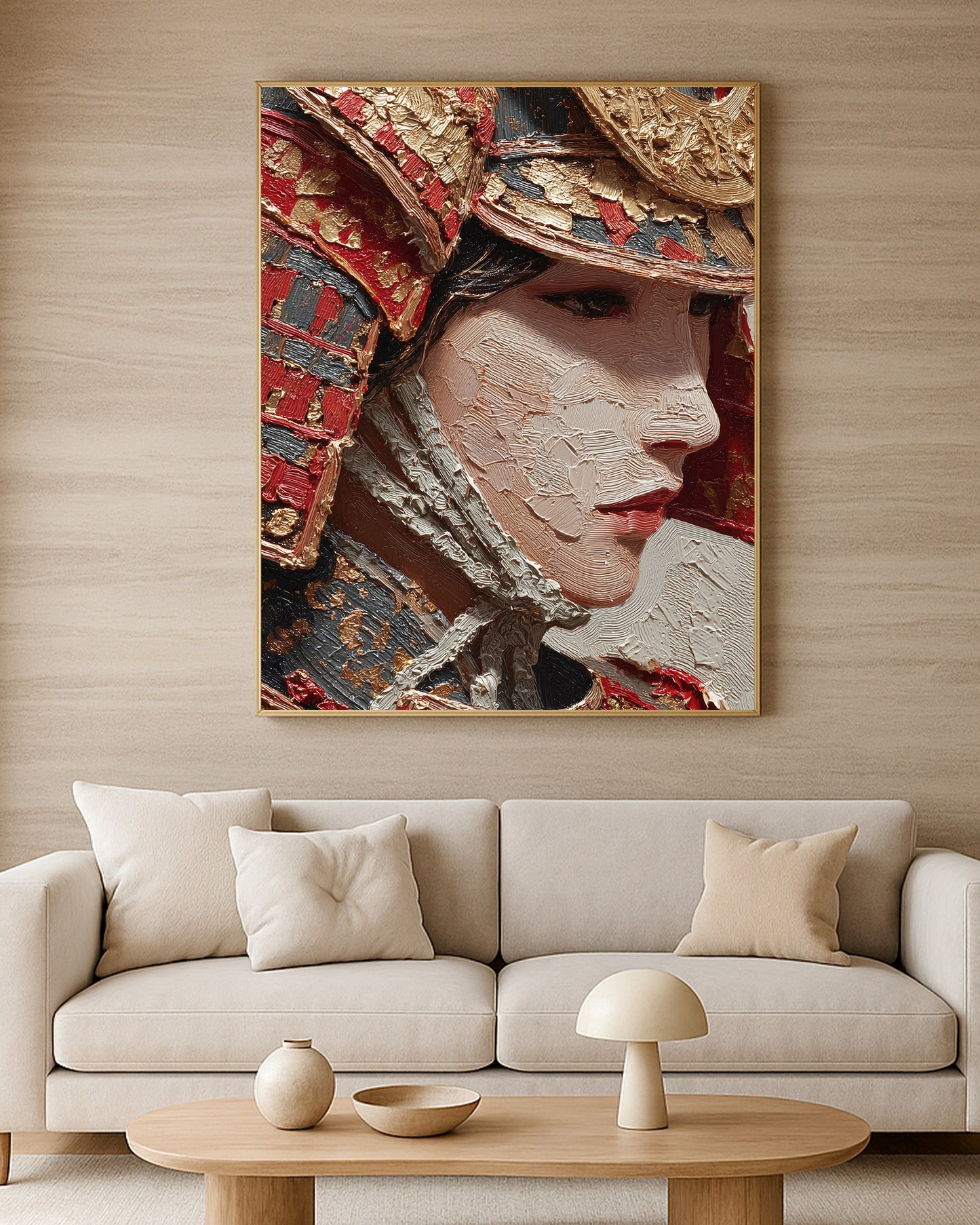 Fine art samurai portrait with red, black, cream, and gold tones in a richly textured warrior composition.