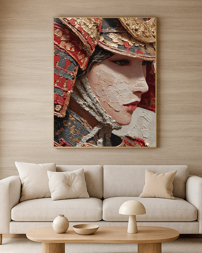 Fine art samurai portrait with red, black, cream, and gold tones in a richly textured warrior composition.