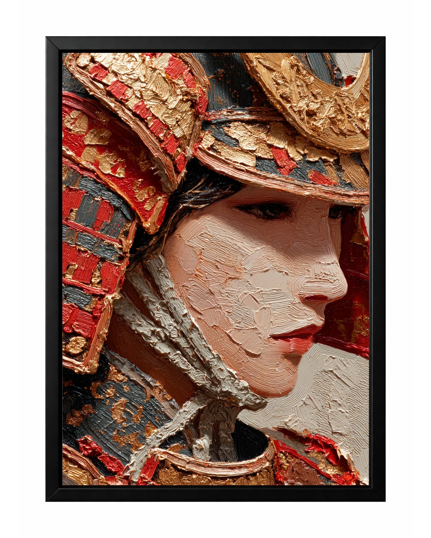 Japanese-inspired samurai woman portrait wall art with red and gold armor, dark hair, and textured cream background.