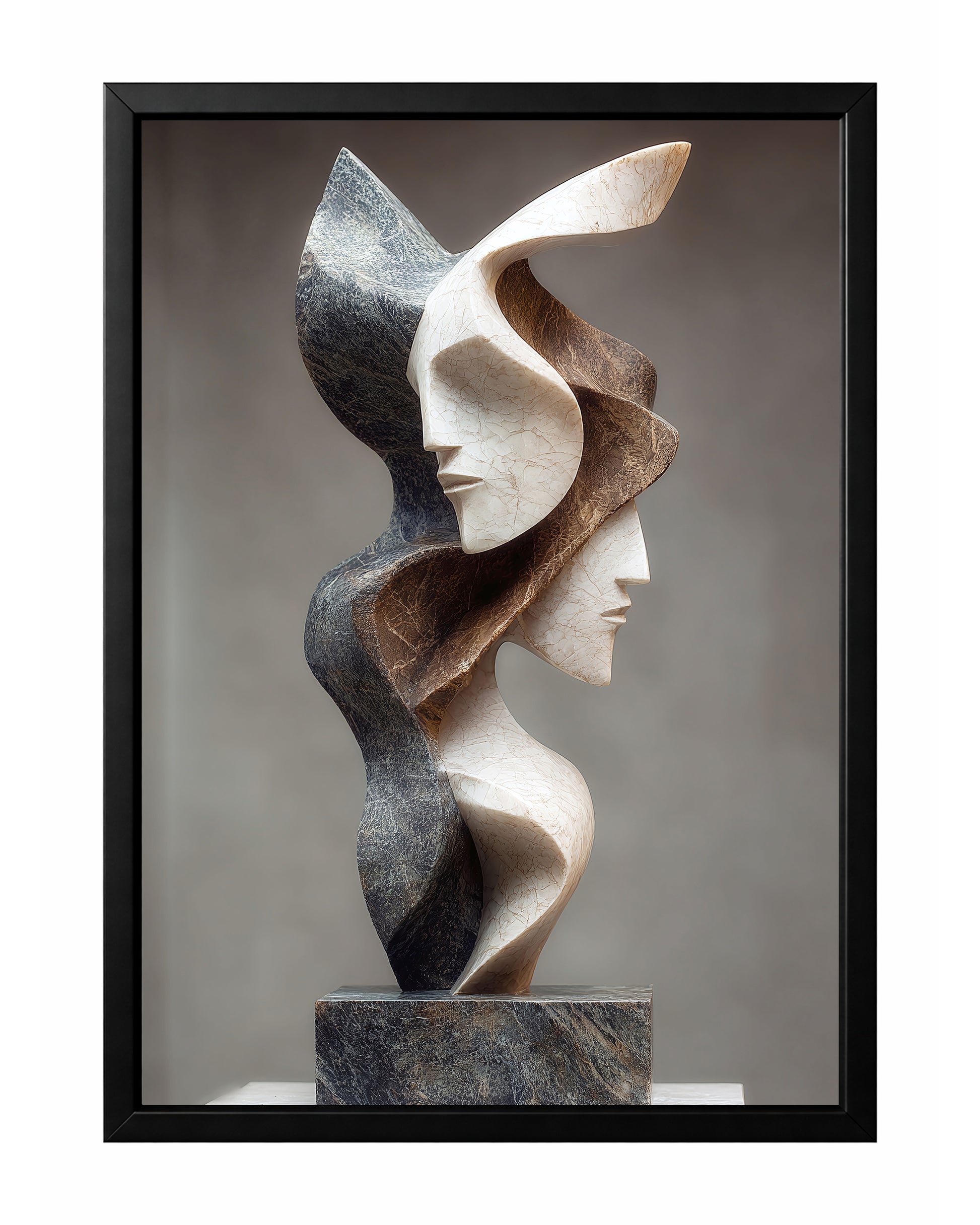 Abstract face sculpture wall art with two stylized side profiles in ivory and dark stone tones