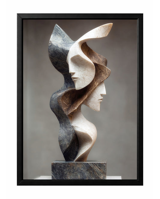 Abstract face sculpture wall art with two stylized side profiles in ivory and dark stone tones