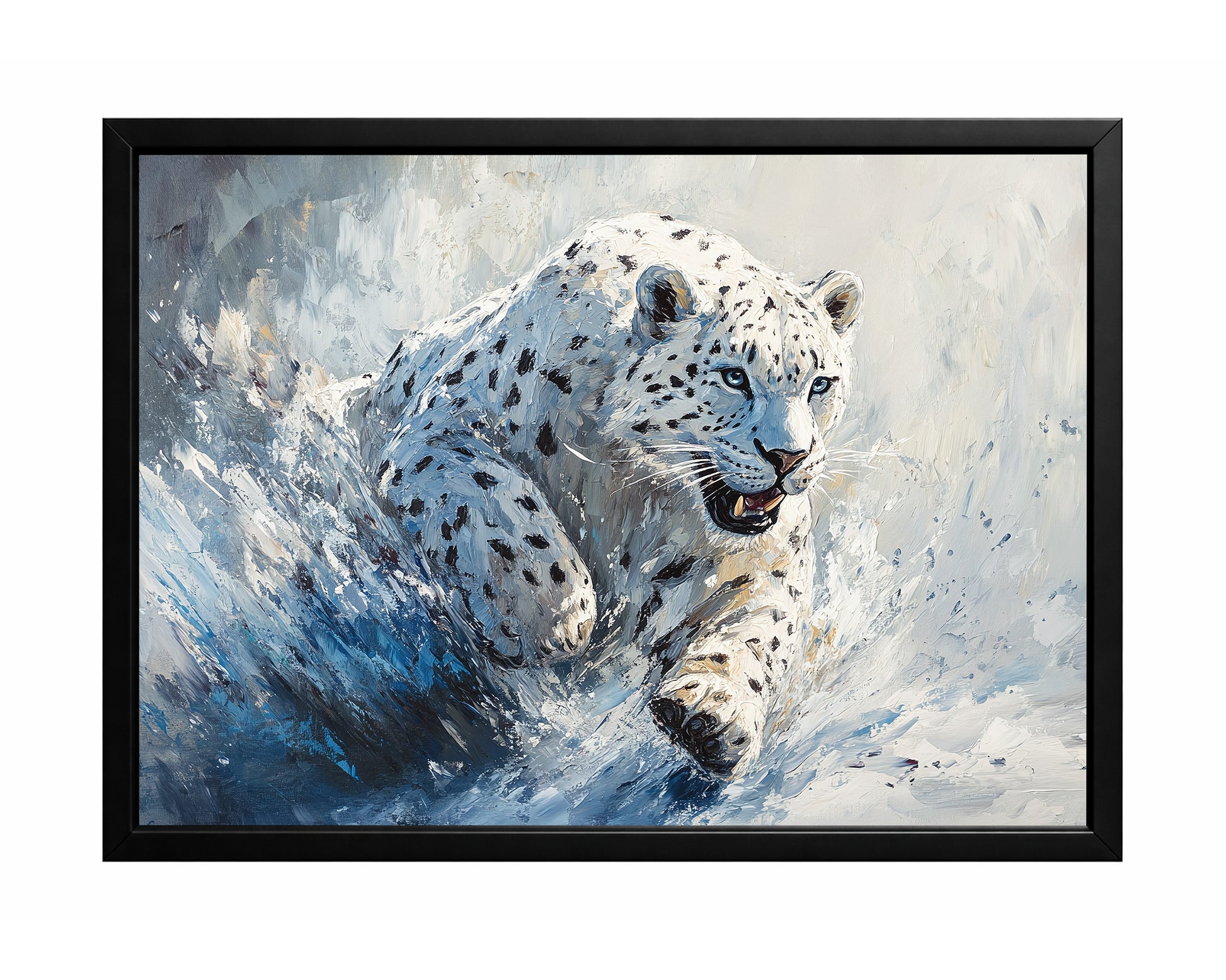 Snow leopard wall art with a white leopard running through a snowy blue and ivory landscape