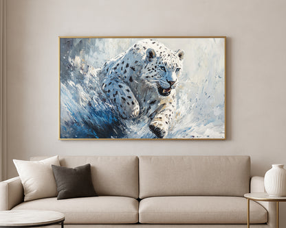 Textured wildlife artwork featuring a snow leopard in motion with icy blue tones and expressive brushwork