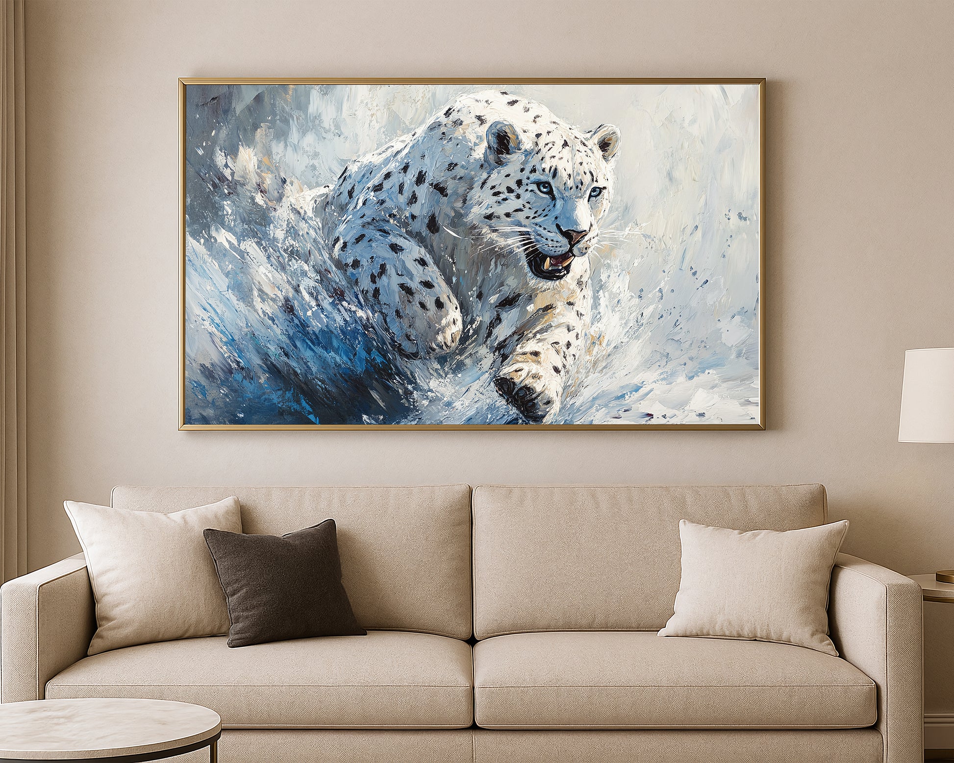 Nature wall art print of a spotted white leopard charging through snow with cool winter colors