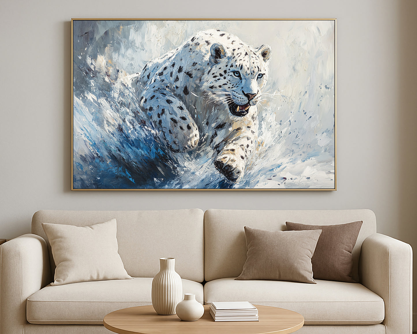 Contemporary animal artwork showing a snow leopard in a dynamic snowy setting with painterly texture
