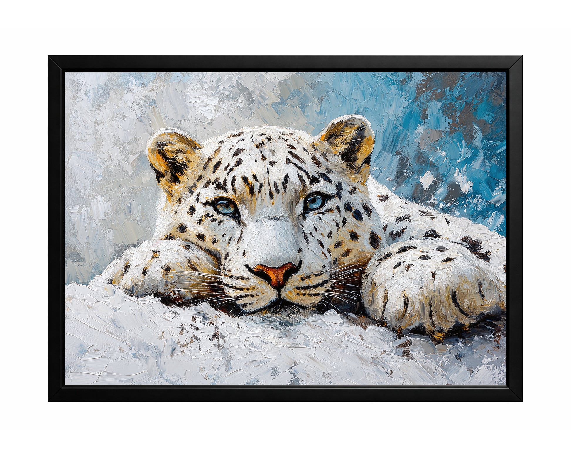 Snow leopard wall art with a front-facing leopard resting in snow against a blue and white textured background