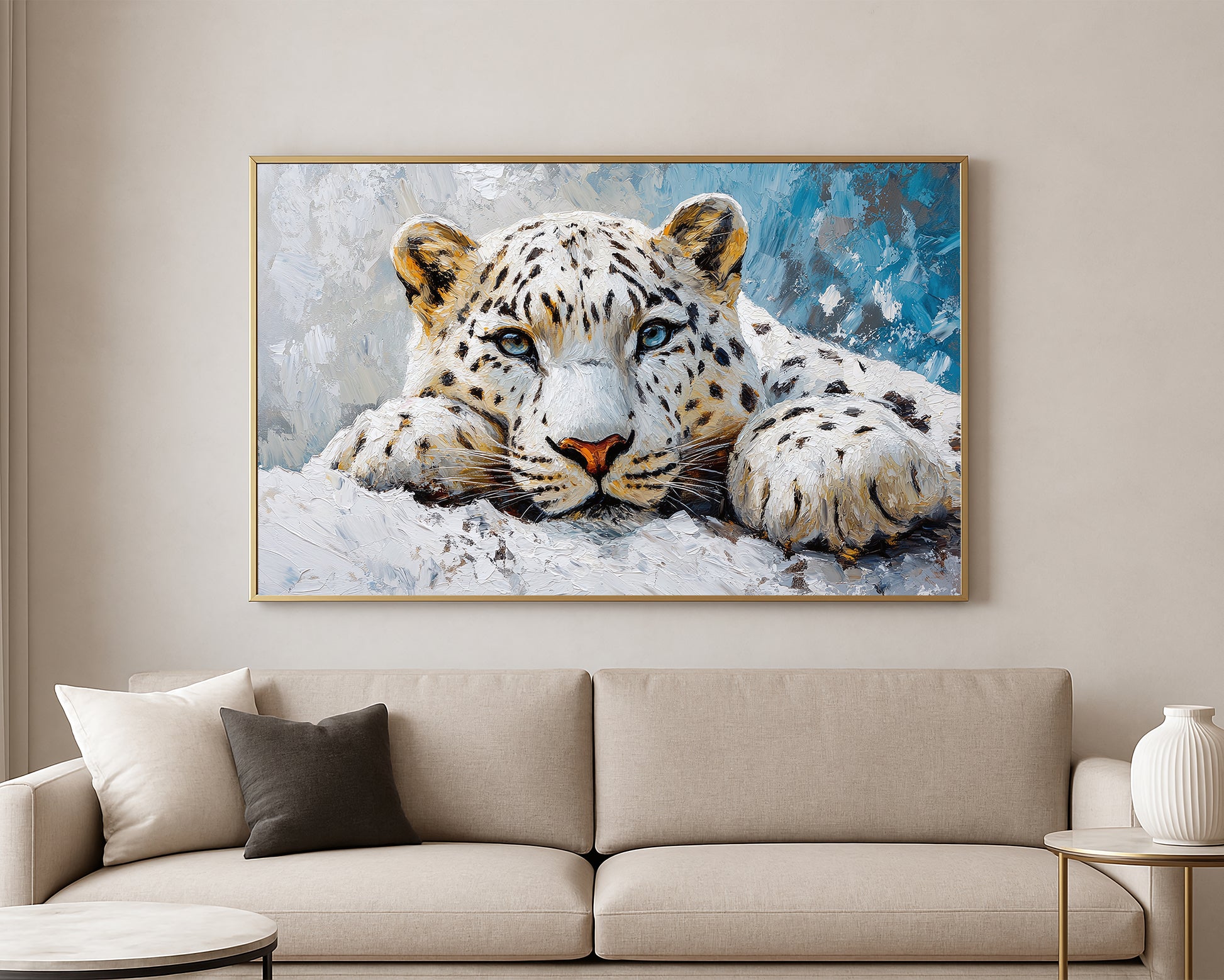 Textured wildlife artwork featuring a snow leopard portrait with icy blue eyes and soft winter tones