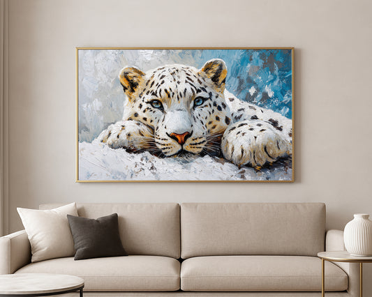 Textured wildlife artwork featuring a snow leopard portrait with icy blue eyes and soft winter tones