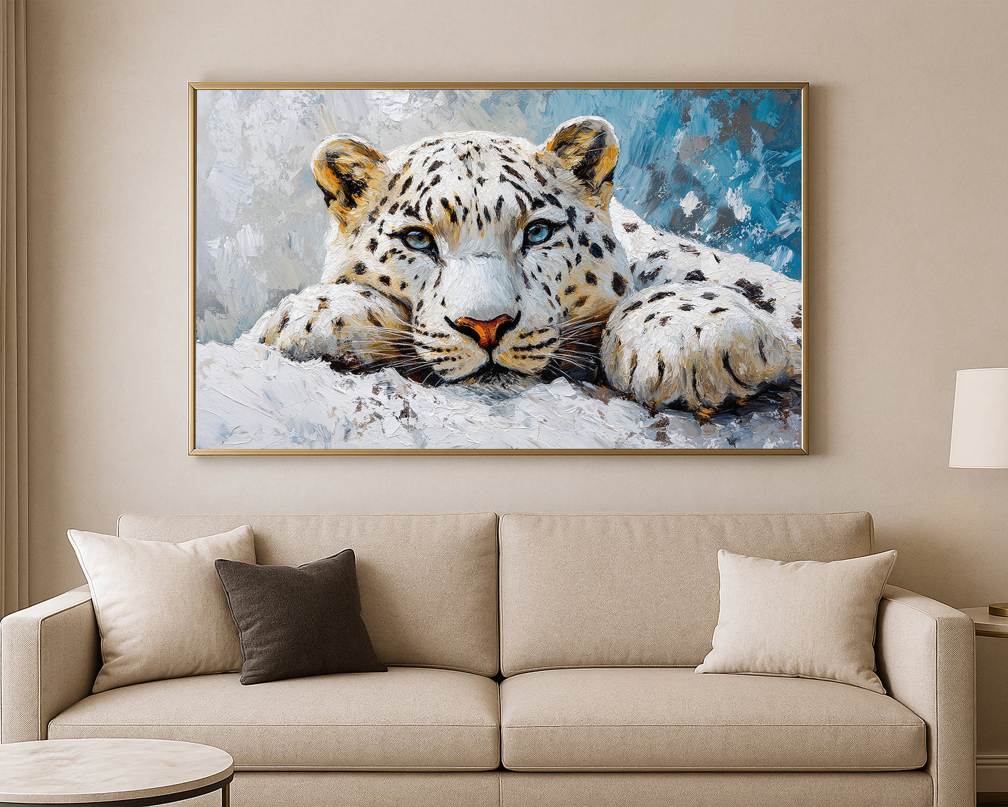 Nature wall art print of a spotted white leopard in blue, ivory, and cool neutral brushstrokes