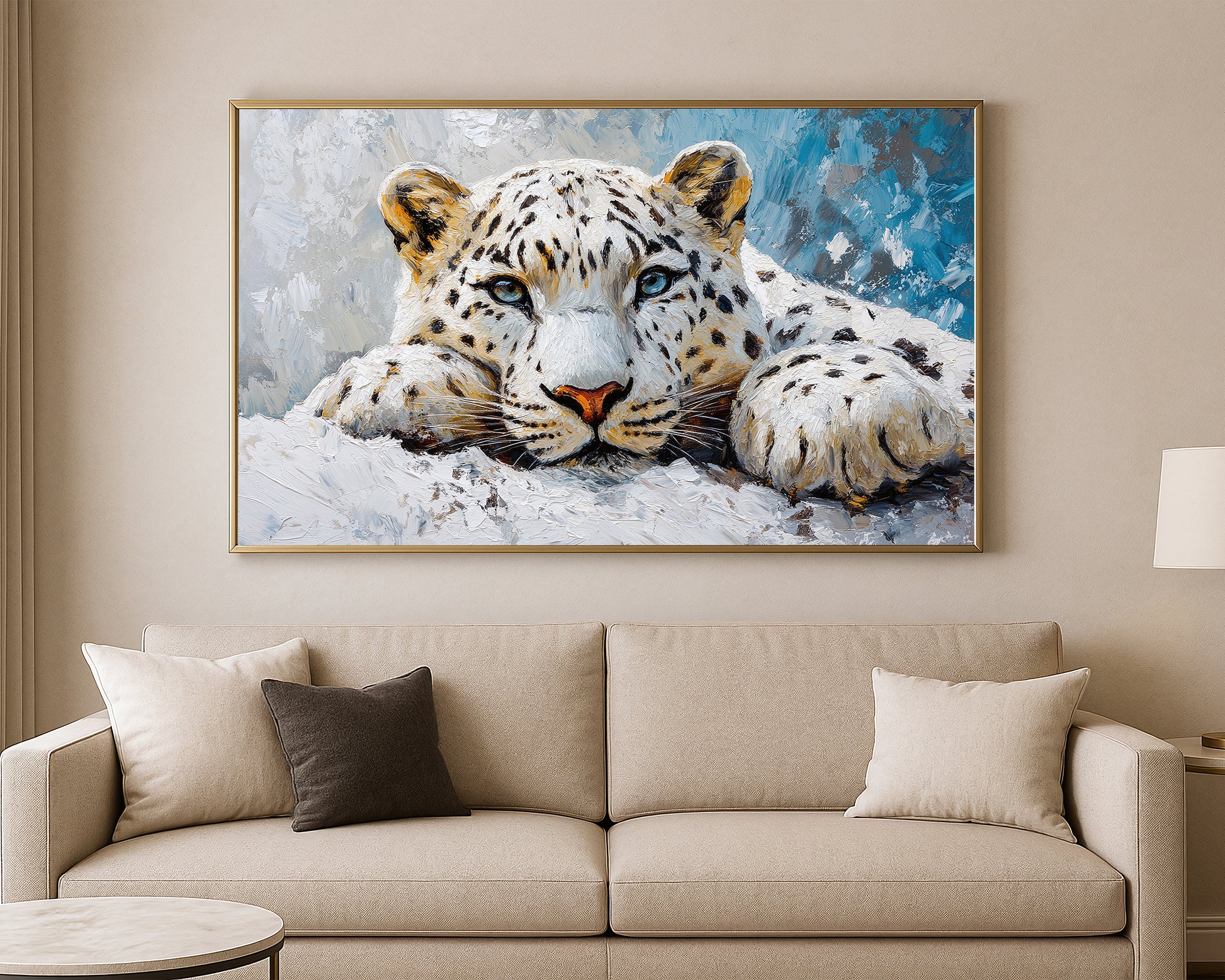 Nature wall art print of a spotted white leopard in blue, ivory, and cool neutral brushstrokes