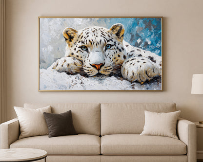 Nature wall art print of a spotted white leopard in blue, ivory, and cool neutral brushstrokes