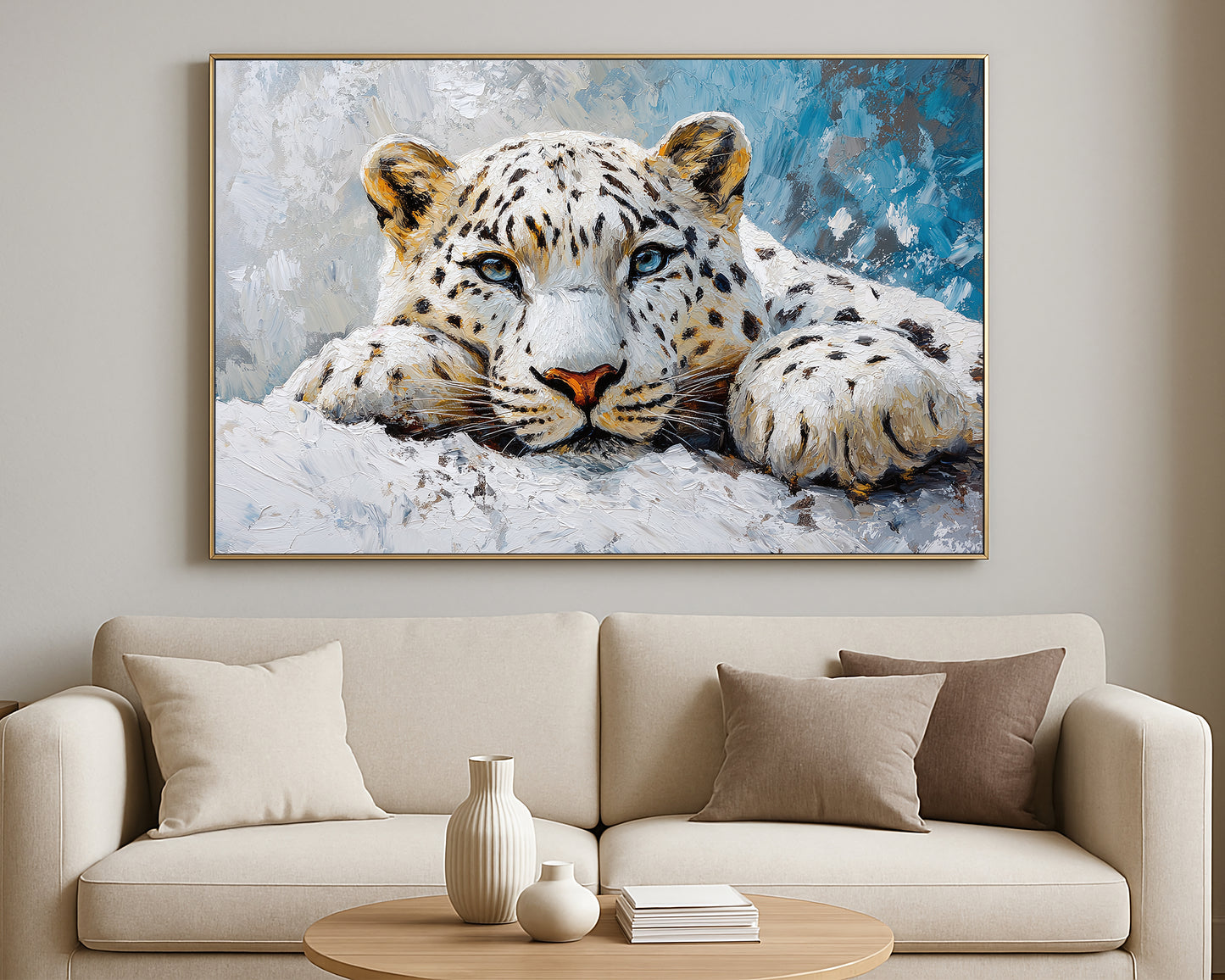 Contemporary animal artwork showing a snow leopard close-up with calm expression and painterly texture