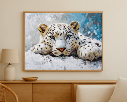 Big cat wall decor with a snow leopard portrait in a crisp blue abstract winter setting