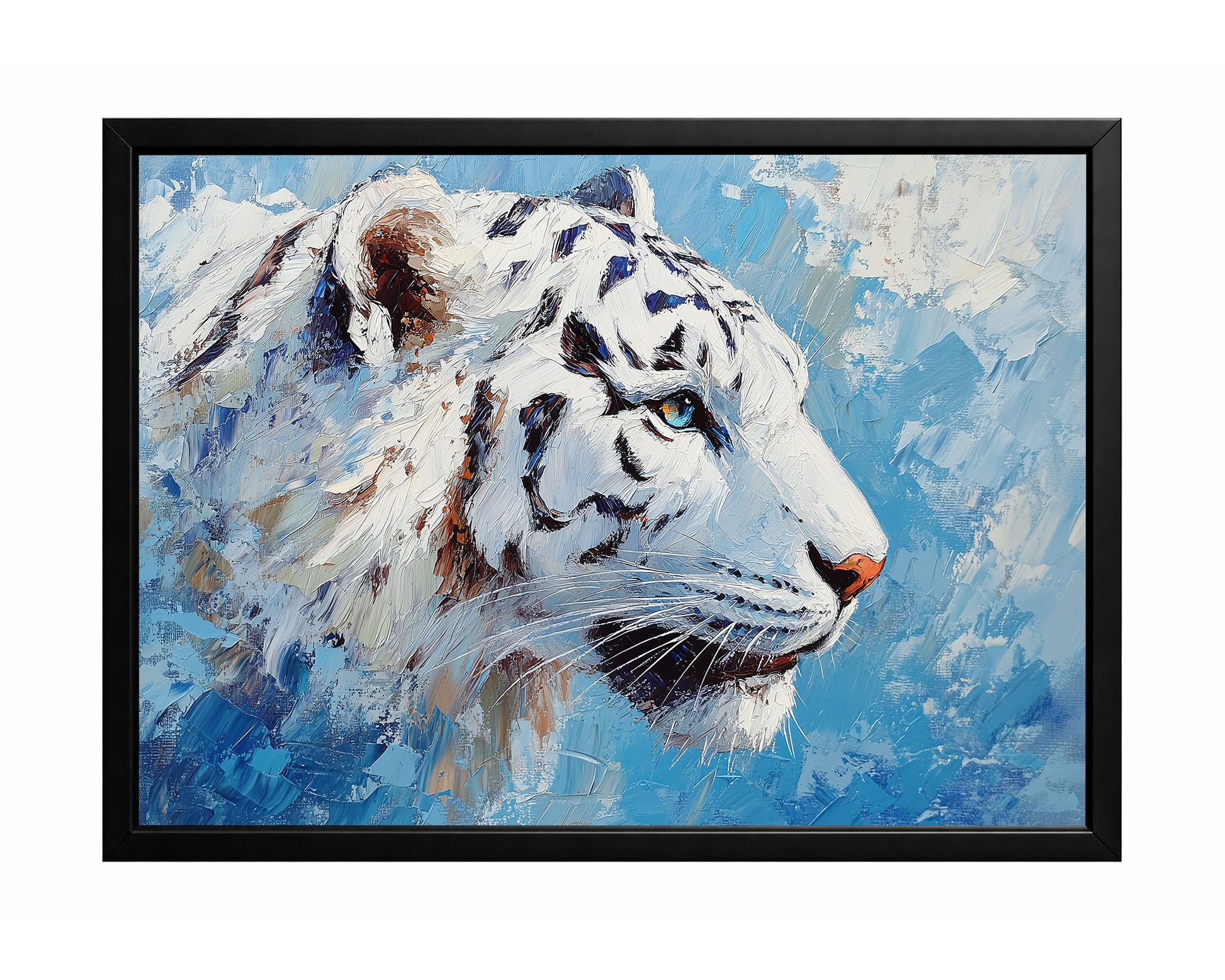Snow leopard wall art with a close-up white leopard portrait against an icy blue painted background