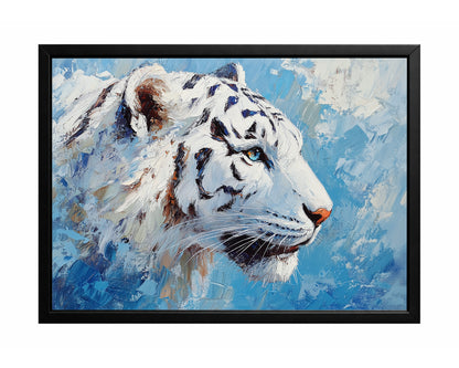 Snow leopard wall art with a close-up white leopard portrait against an icy blue painted background