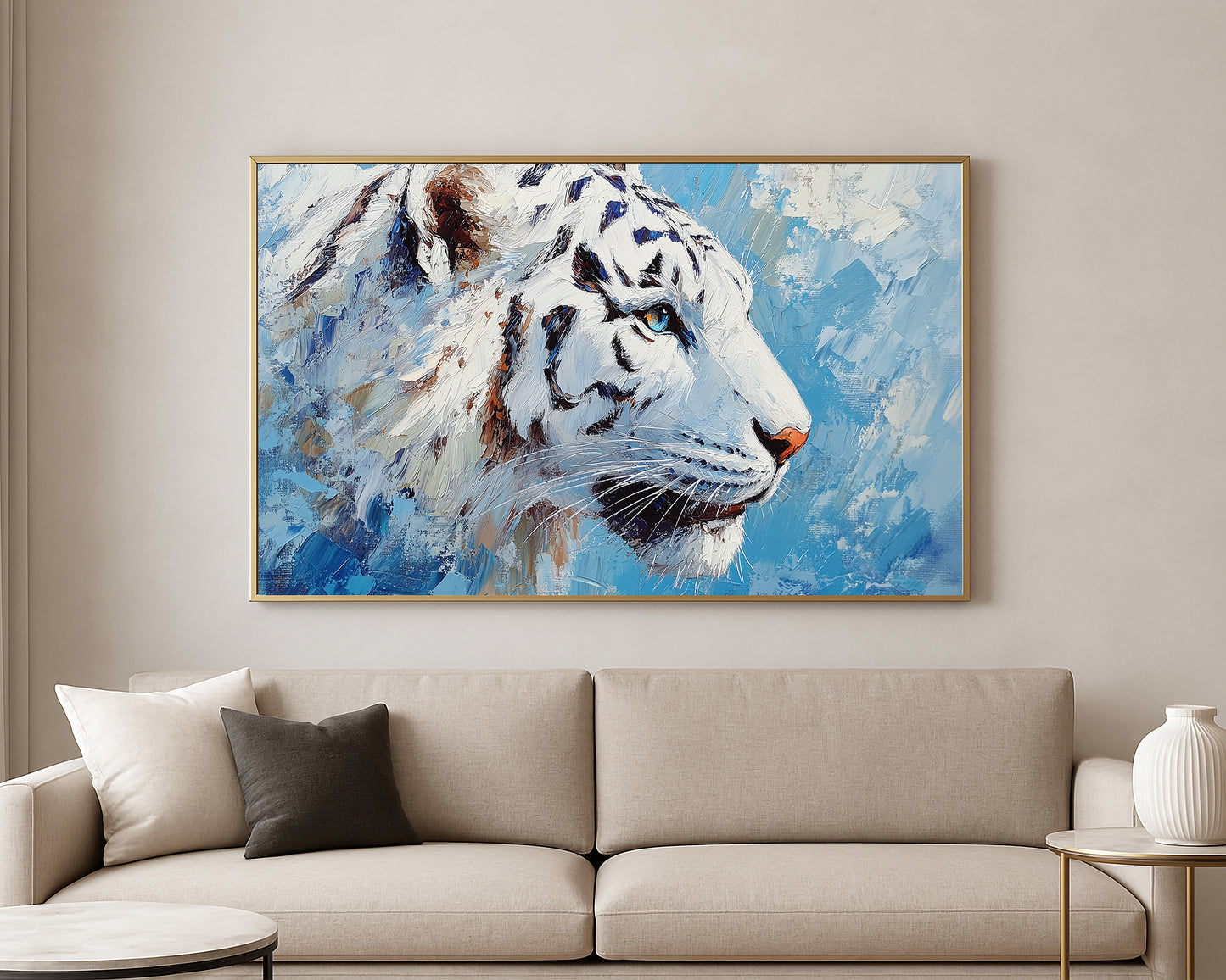 Textured wildlife artwork featuring a snow leopard with bright blue eyes and soft winter tones