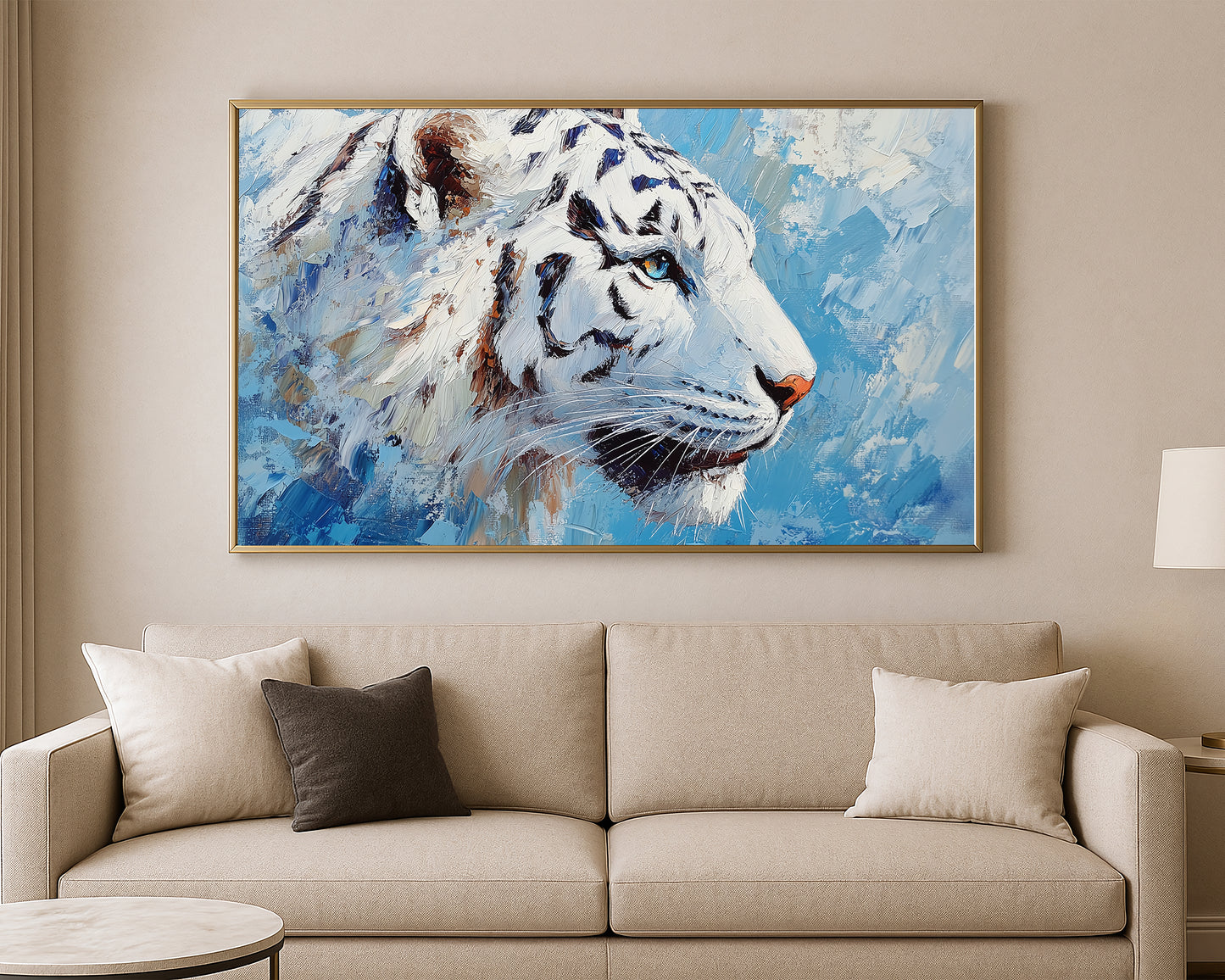Nature wall art print of a white leopard in blue, ivory, and cool neutral brushstrokes
