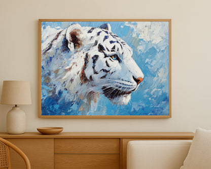 Big cat wall decor with a snow leopard portrait in a crisp blue and white abstract setting