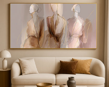 Elegant abstract female figure wall art with translucent watercolor layers and delicate gold line accents.