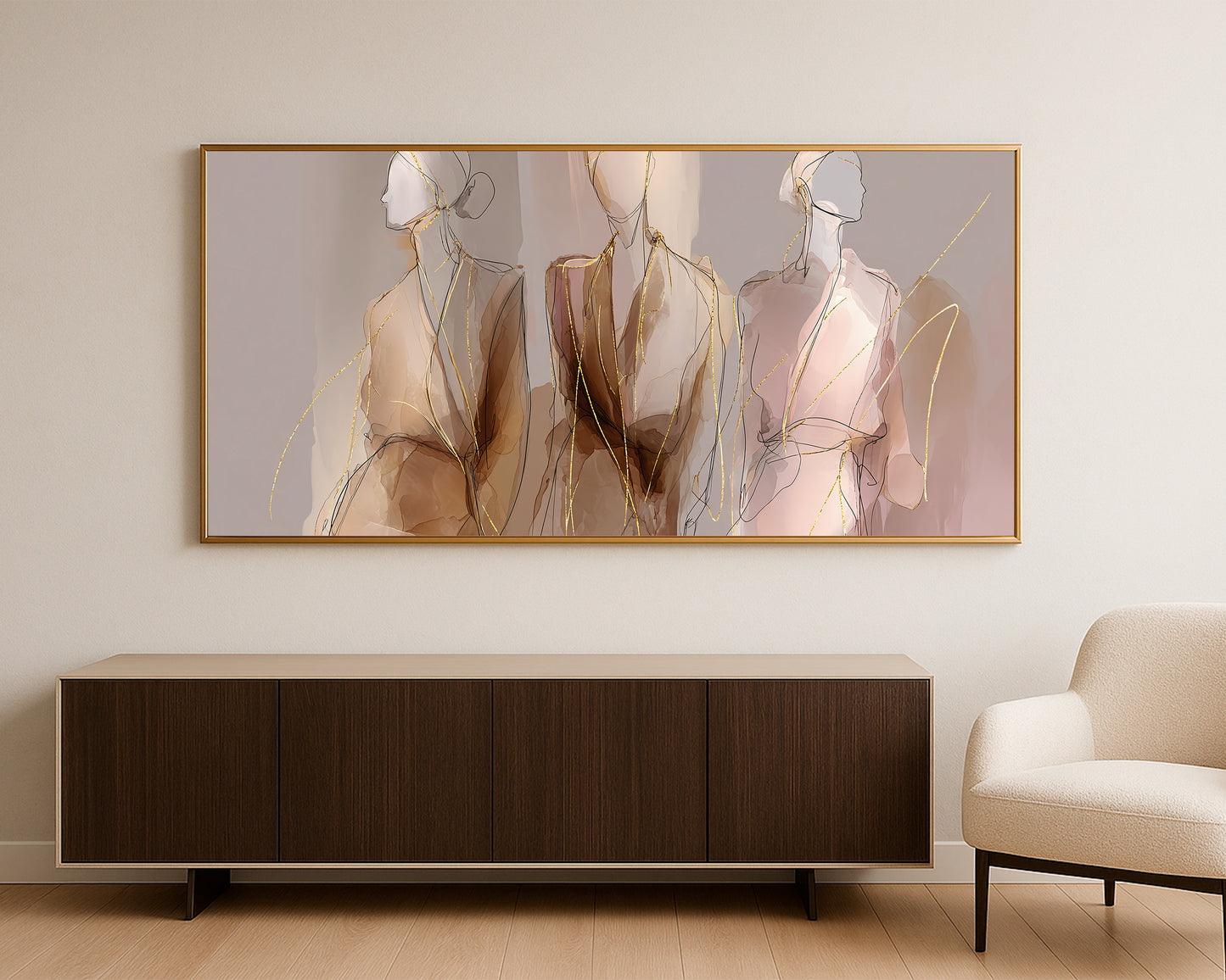 Wide feminine illustration showing three stylized women with soft blush tones, beige washes, and black linework.