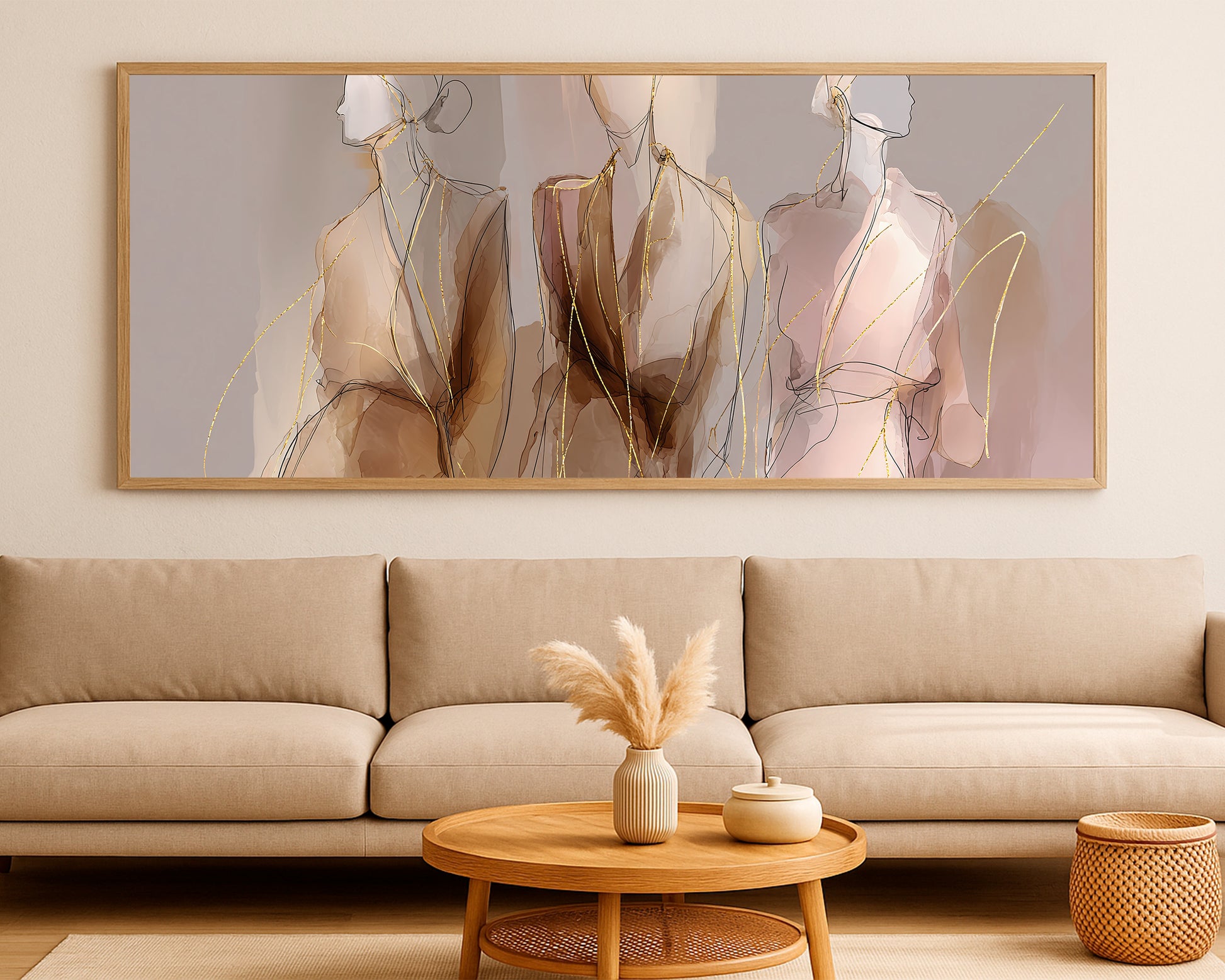 Editorial fashion wall art featuring abstract female silhouettes in warm neutrals with flowing metallic gold details.