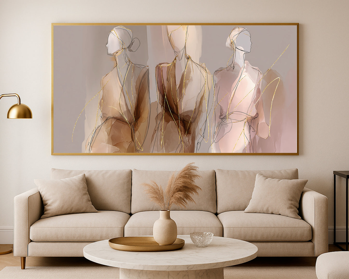 Soft neutral panoramic figure print with airy feminine forms, blush background, and refined gold accents.