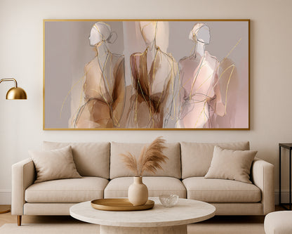 Soft neutral panoramic figure print with airy feminine forms, blush background, and refined gold accents.