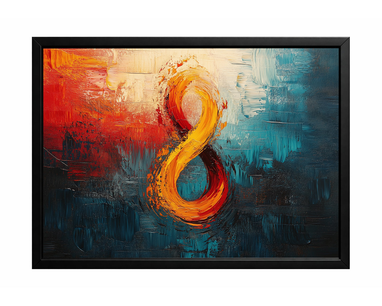 Orange blue abstract wall art with a bold looping form over a textured teal and cream background