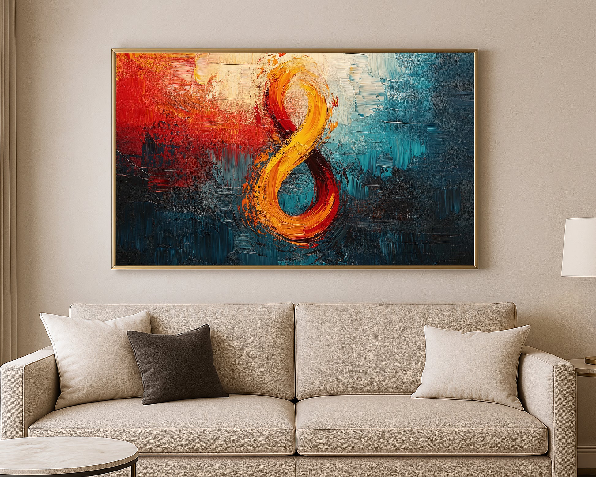 Modern abstract wall art with vivid orange movement, layered brushstrokes, and rich blue tones