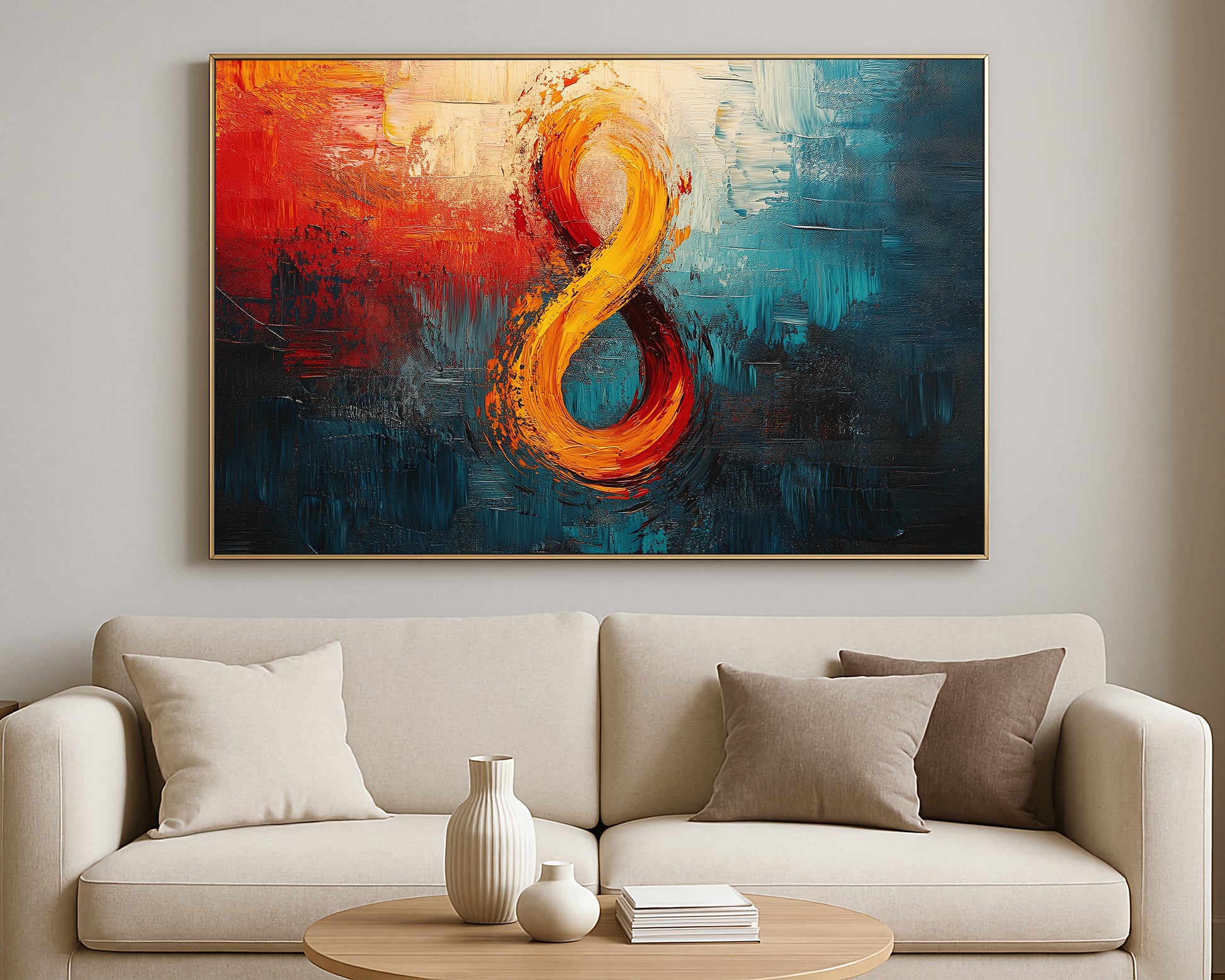 Contemporary statement artwork with a central curved form in orange, teal, cream, and black