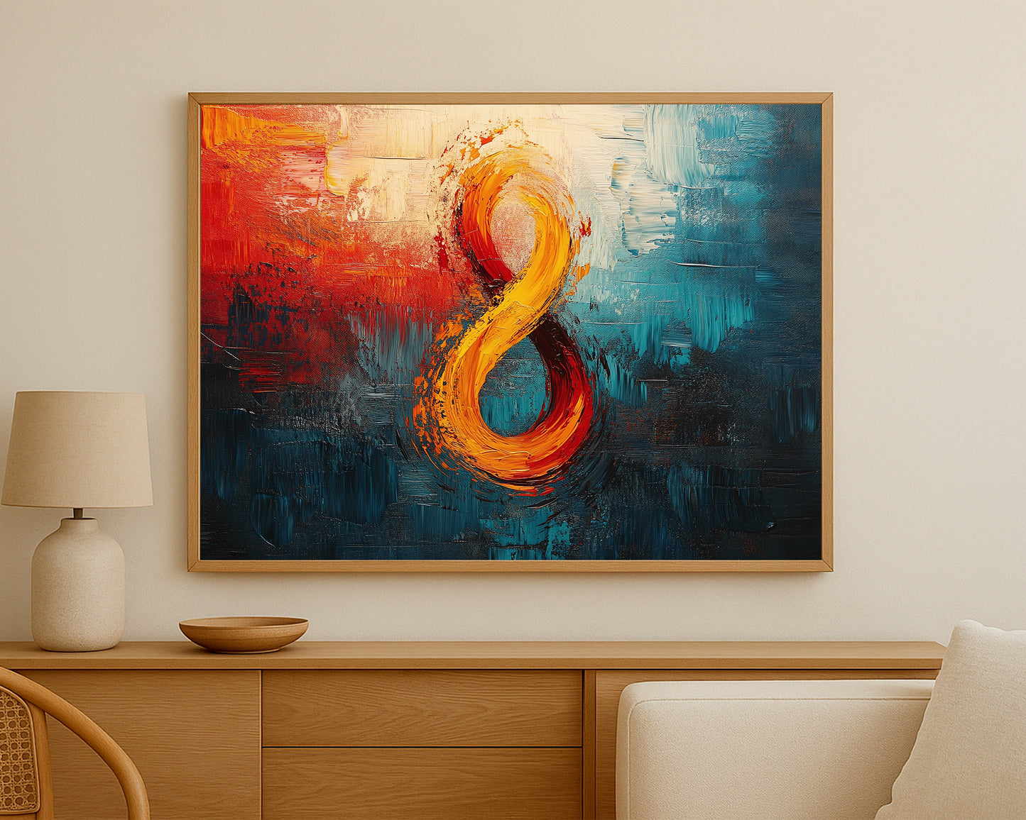 Bold abstract wall decor with expressive texture and strong orange and blue painterly contrast