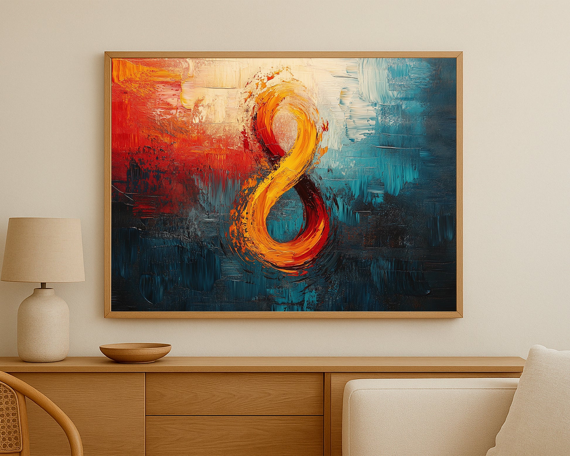 Bold abstract wall decor with expressive texture and strong orange and blue painterly contrast