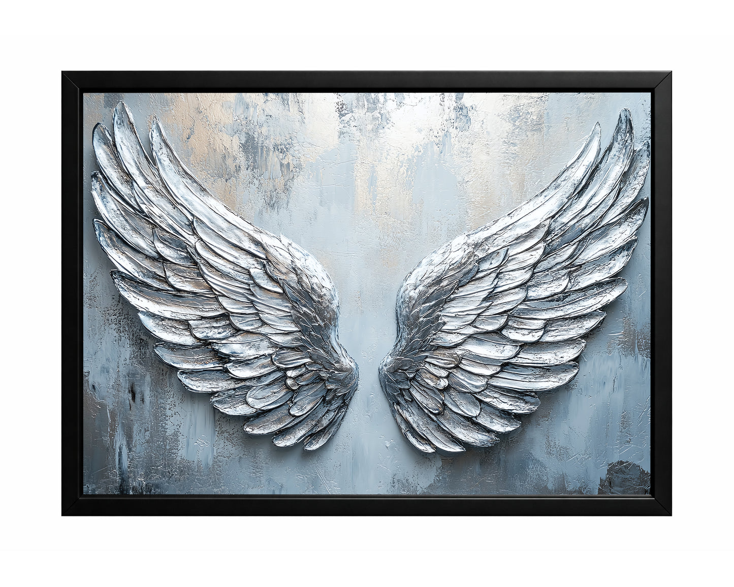 Silver angel wings wall art with detailed layered feathers on a cool gray and blue textured background